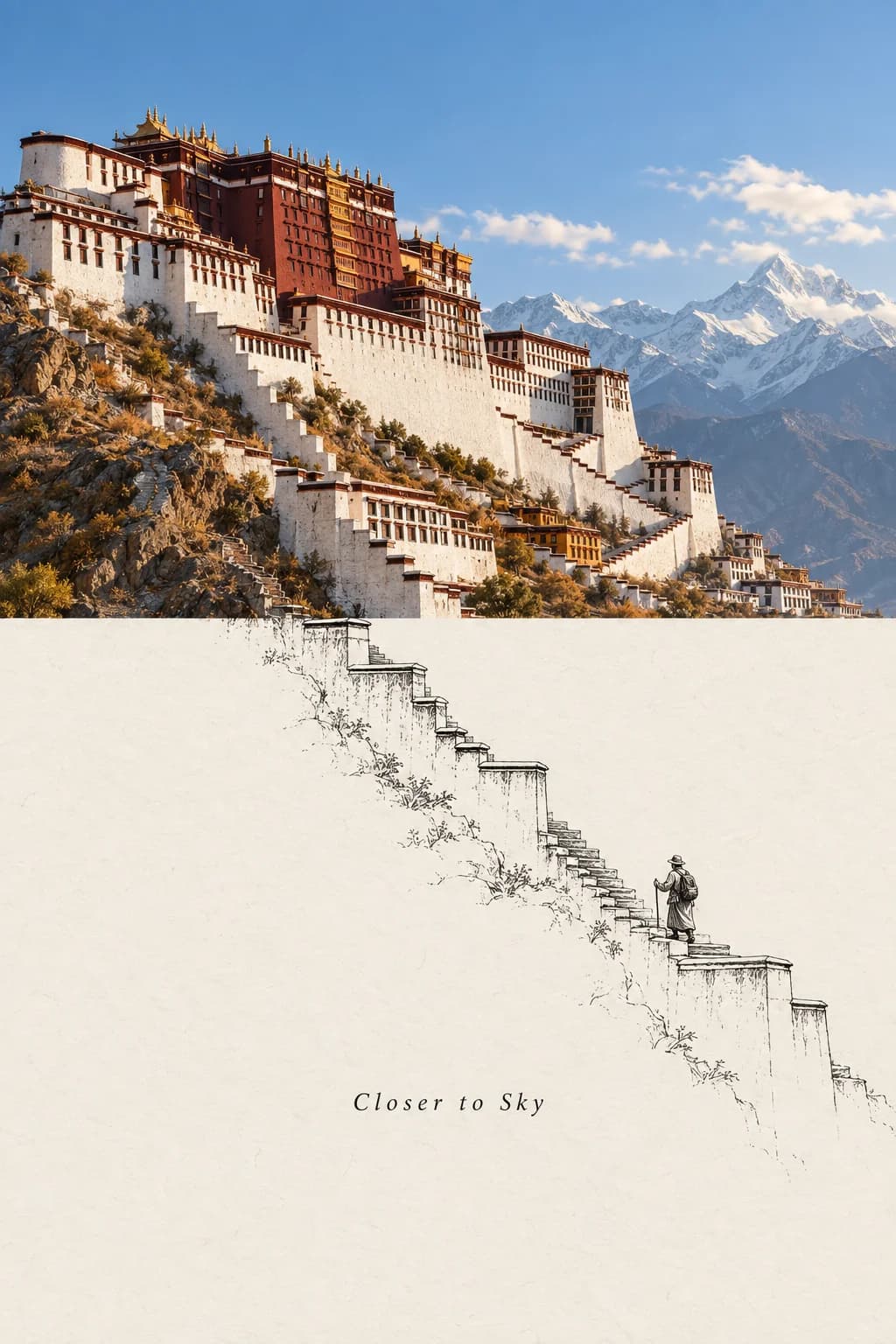 The white stepped walls under the Potala Palace keep descending as line art, and a tiny pilgrim with a stick climbs them.