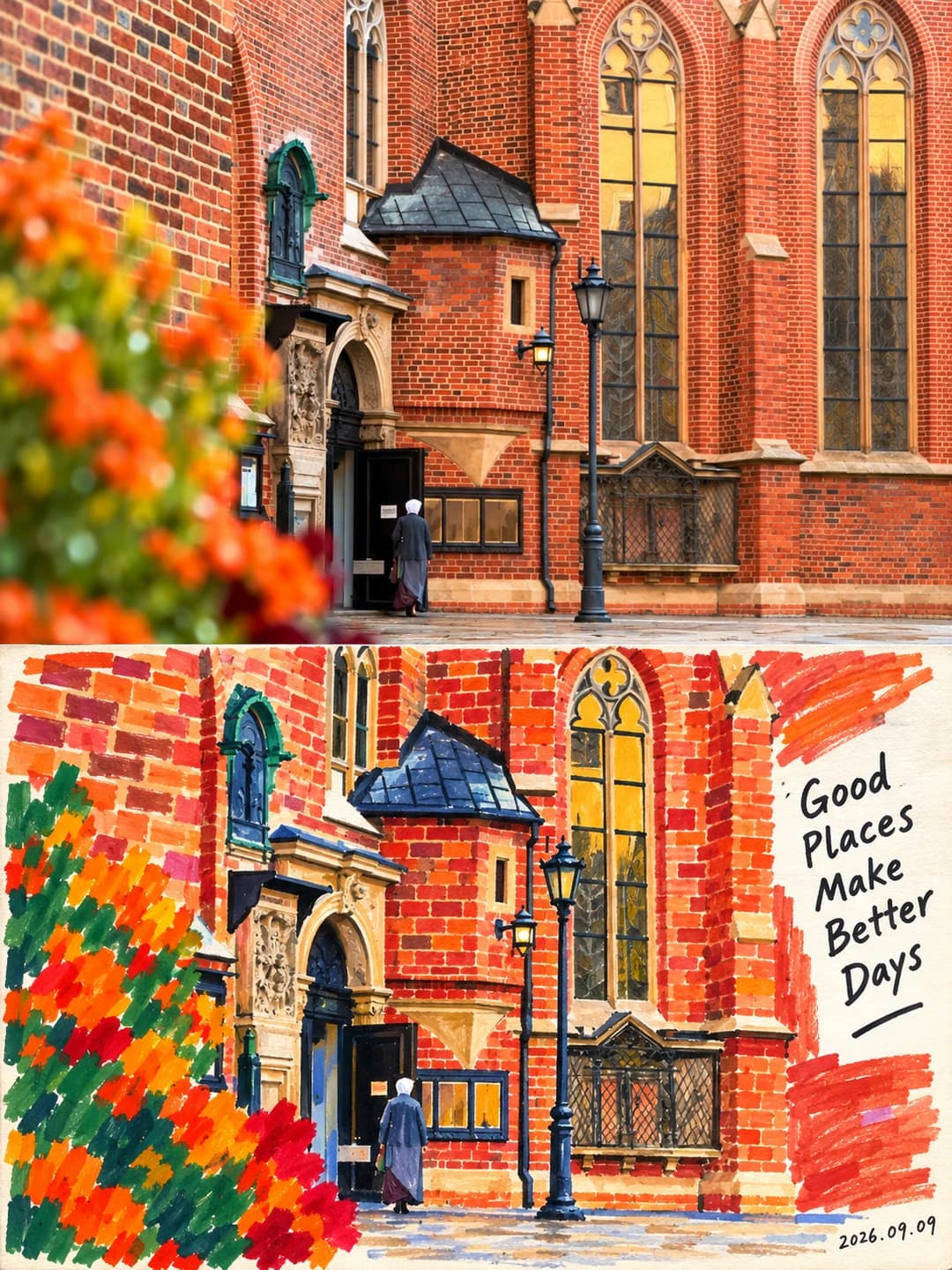 A brick church at the corner — the windows survive as a rhythm of dark blocks
