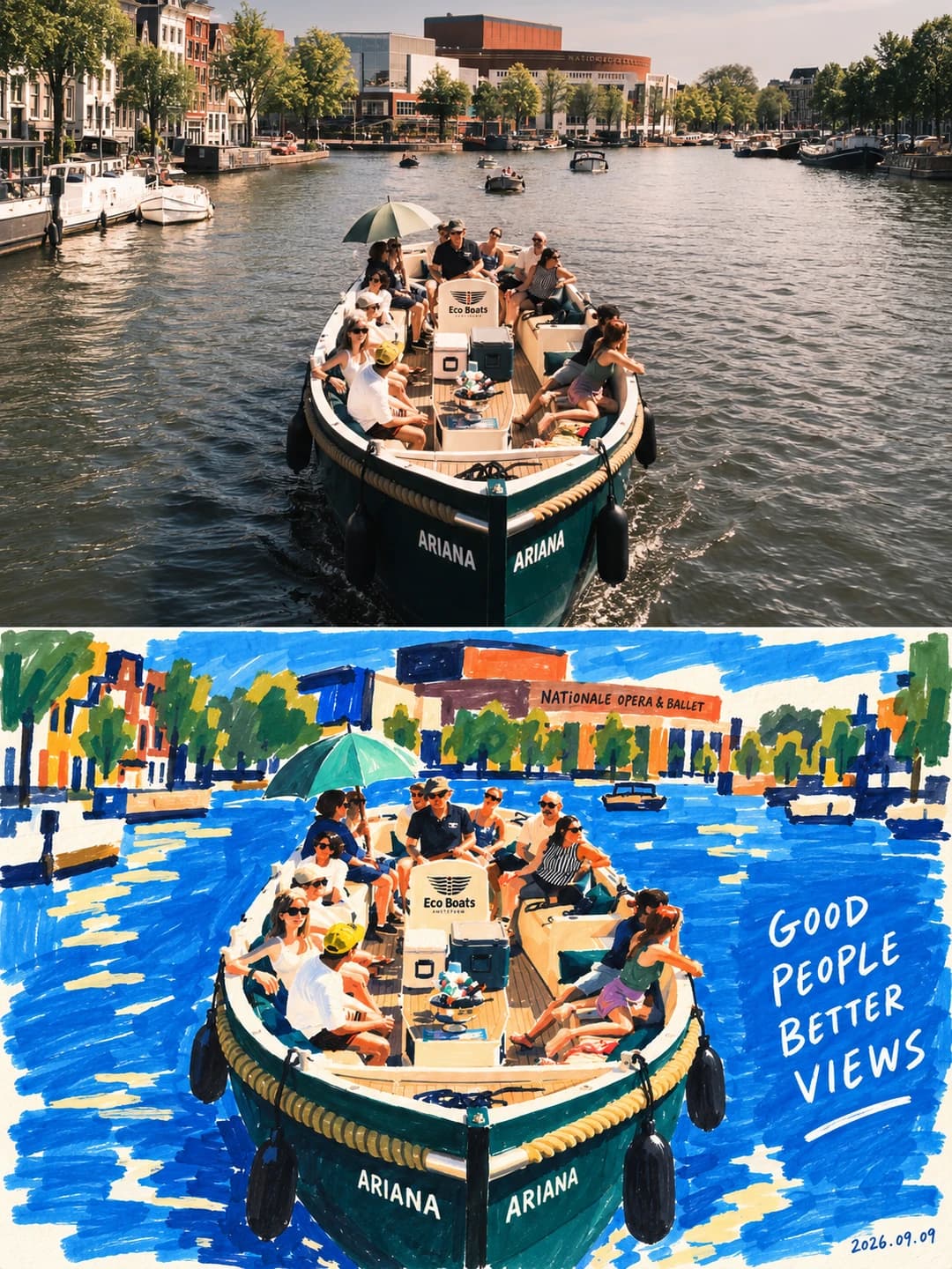 A canal boat of passengers — a dozen people reduced to a dozen marks, all still sitting where they sat