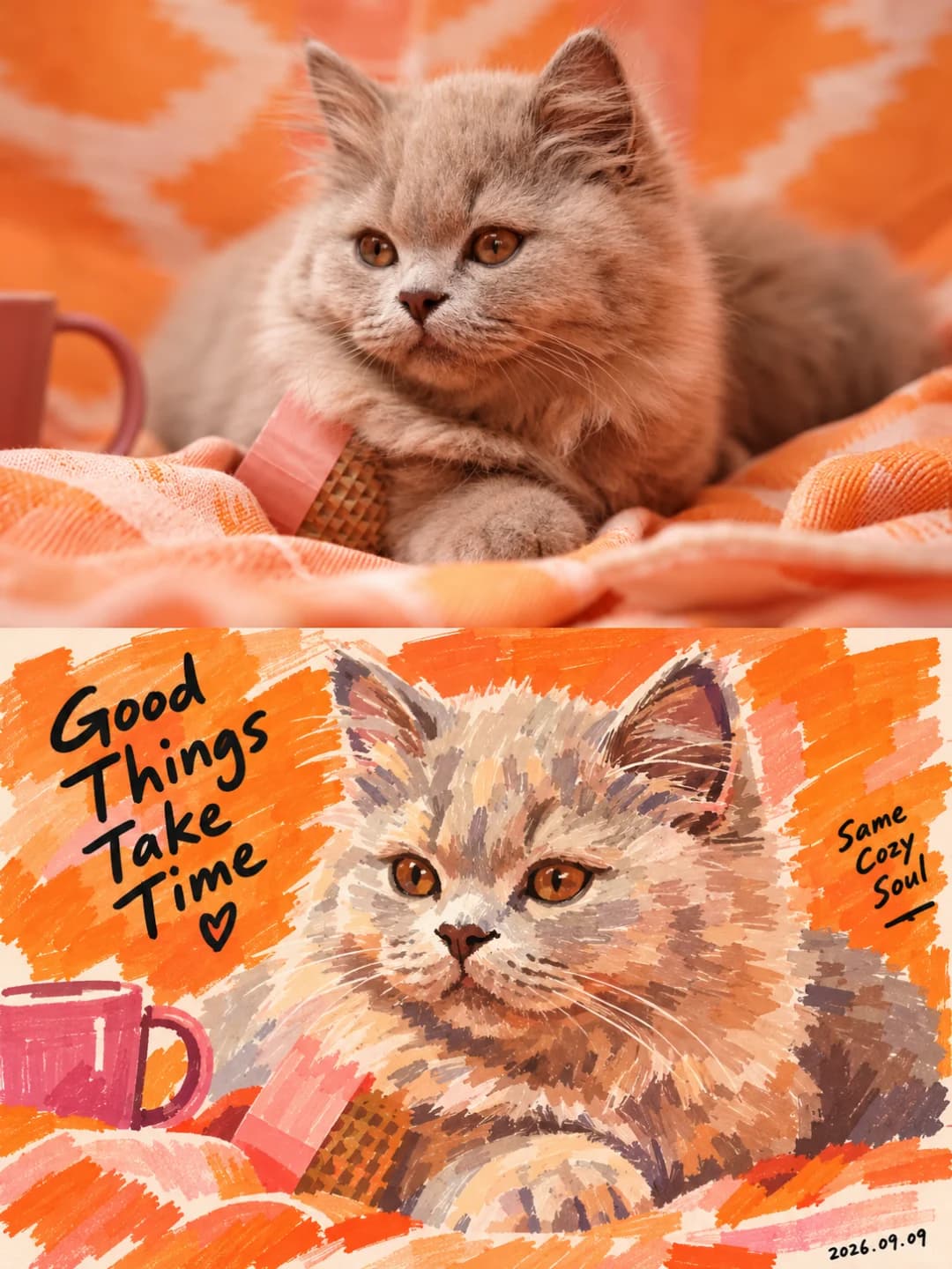 A kitten on a blanket — the orange ground stays orange, the fur becomes four greys