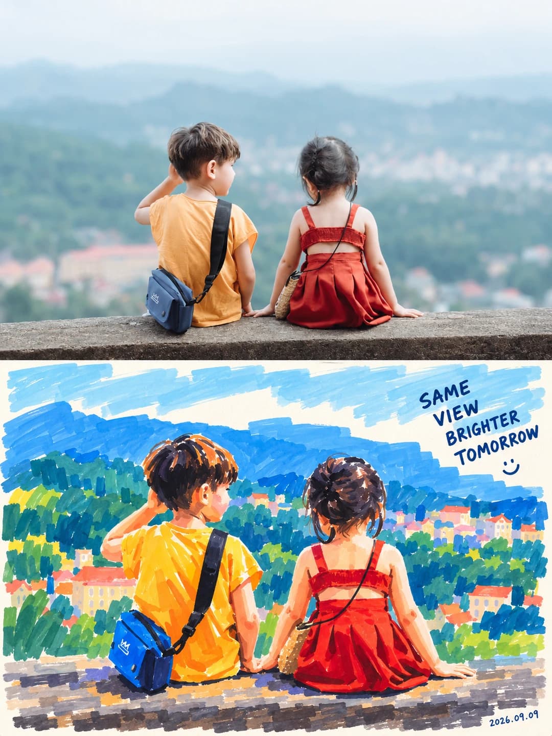 Two children on a wall, seen from behind — the whole valley reduces to four bands of colour