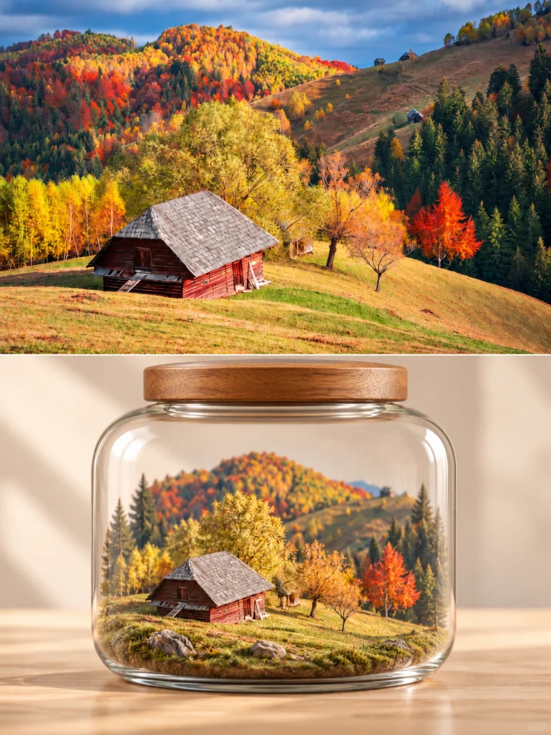 The red wooden barn, its grey shingle roof and the orange and yellow trees around it sit on a mossy slope, with the autumn hills reduced to a low ridge behind.