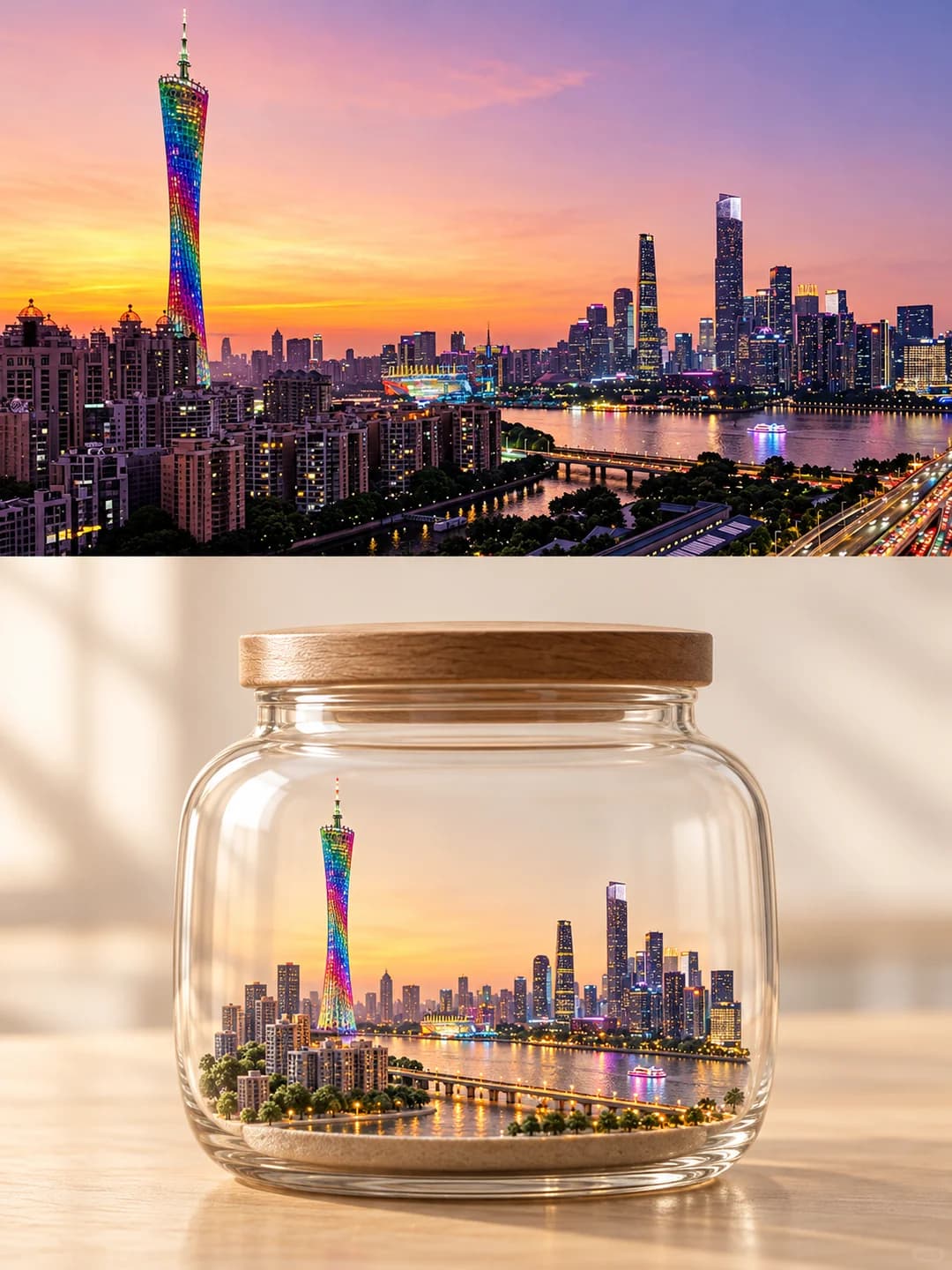 The twisted rainbow tower, the river with its bridge and boat, and a short row of towers at dusk stand on a strip of sand, the dense city trimmed to its skyline.