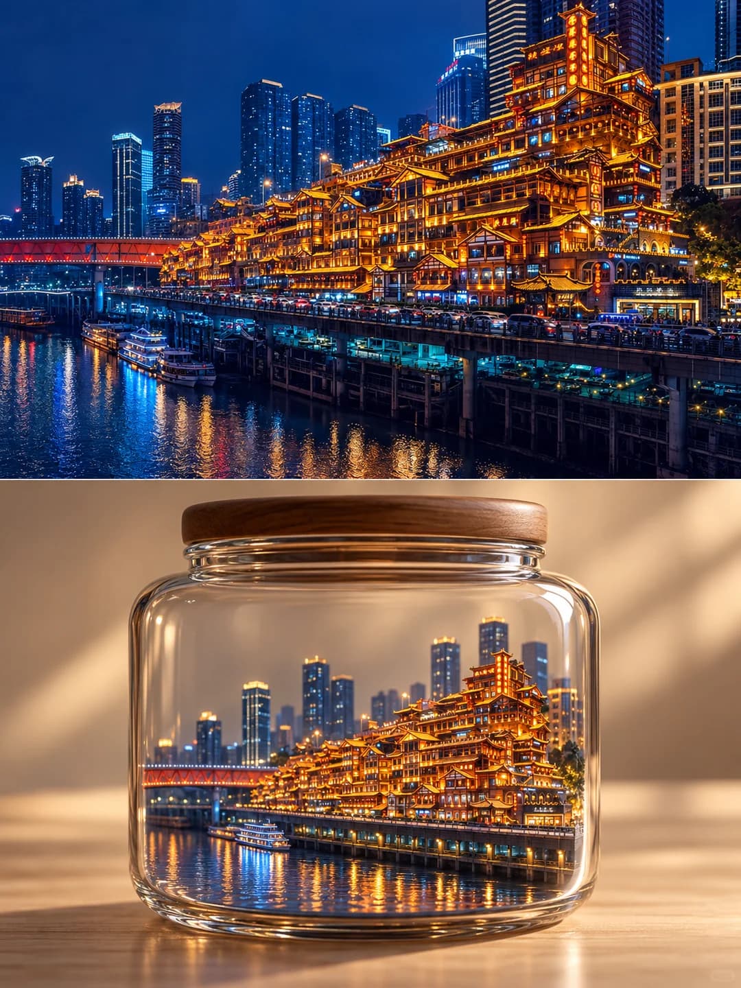 The lit stilt-house terraces, the river with a moored boat, the red bridge and a few lit towers behind keep the night lighting in a smaller, simpler city.