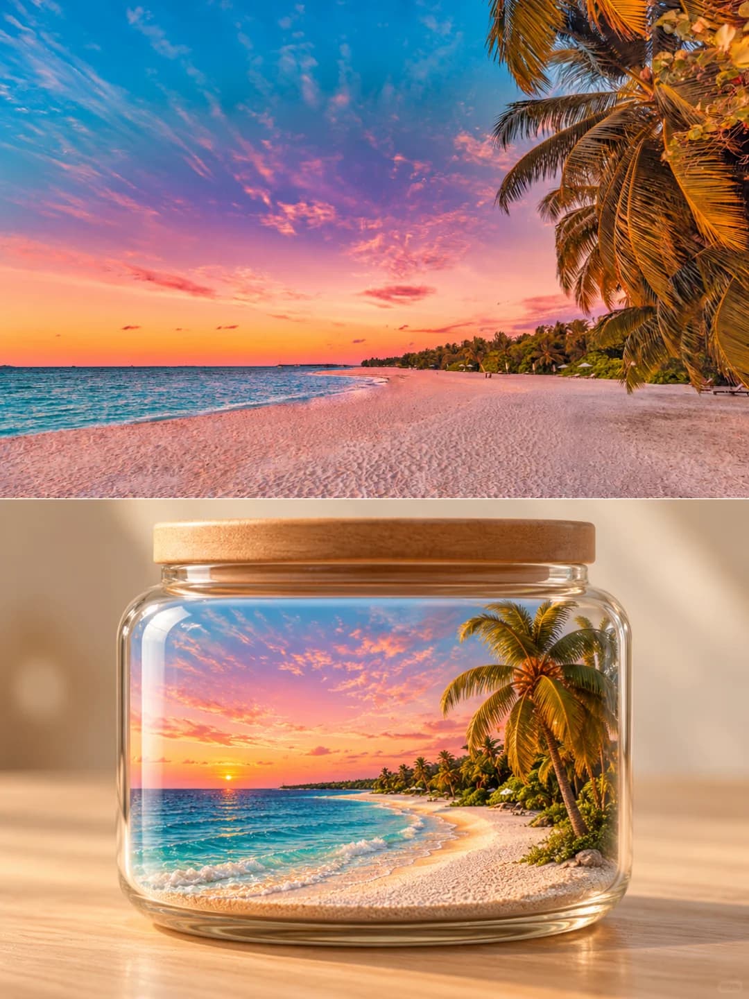The pink-and-orange sunset sky, the turquoise surf, the pale sand and the leaning palms are kept, the long beach cut down to a single curve.