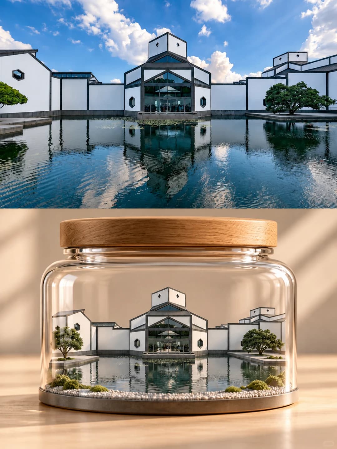 The white walls, grey edging and hexagonal windows, the pond and its reflection and two pines sit on a bed of white pebbles.