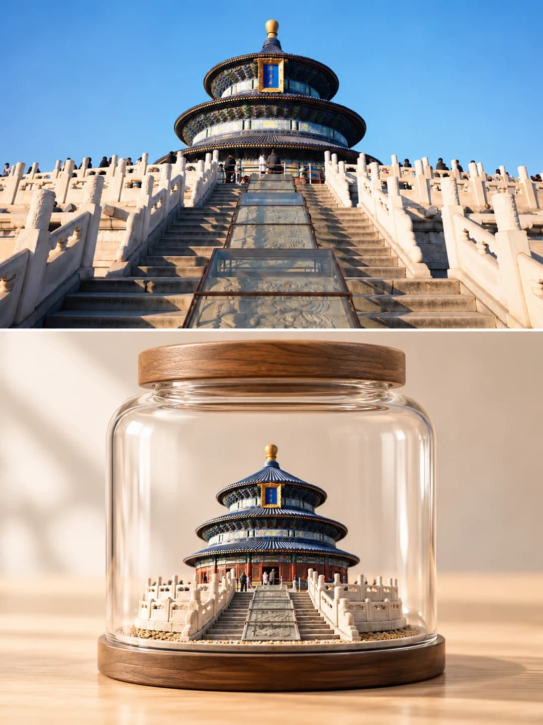 The three blue-roofed tiers and gold finial, the white marble balustrades and the central stair are rebuilt under a glass dome on a dark wooden base.