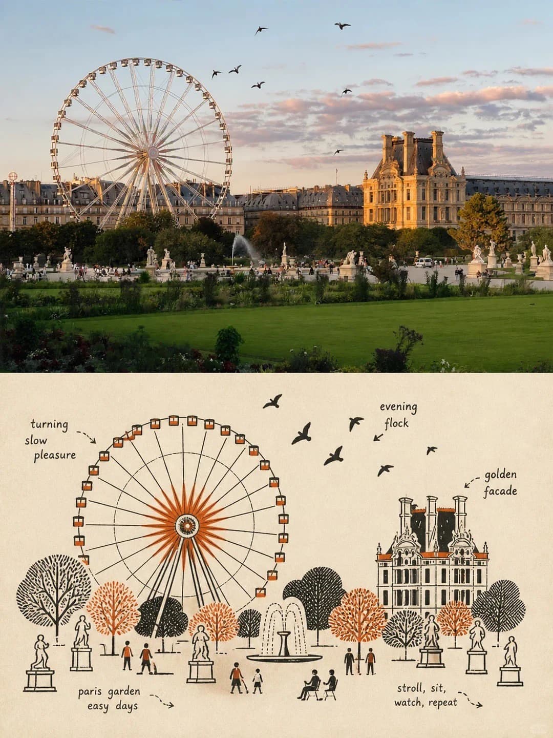 The Ferris wheel, the château façade, the fountain, the statues on plinths and the evening birds all survive as black line with orange accents.