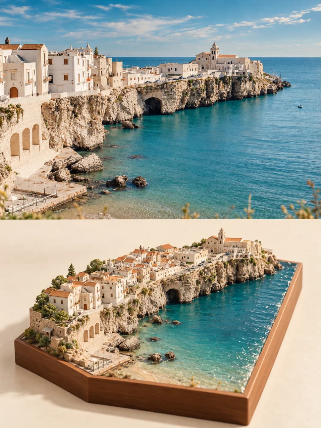 The white clifftop town, its church tower, the arched sea cave and the rocks in the bay all survive in paper and resin, cut along the coastline in a walnut tray.