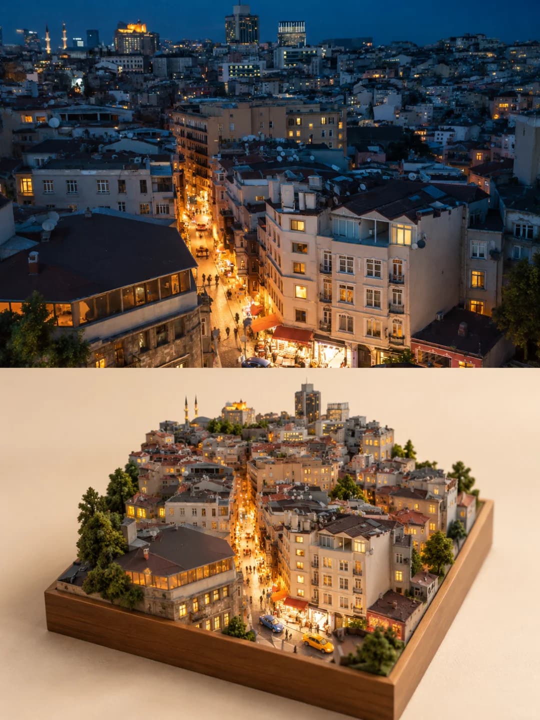 The lit shopping street, the corner building with its glass top floor, the twin minarets on the skyline and the warm window light carry over into the model, with tiny cars and a crowd of figures.