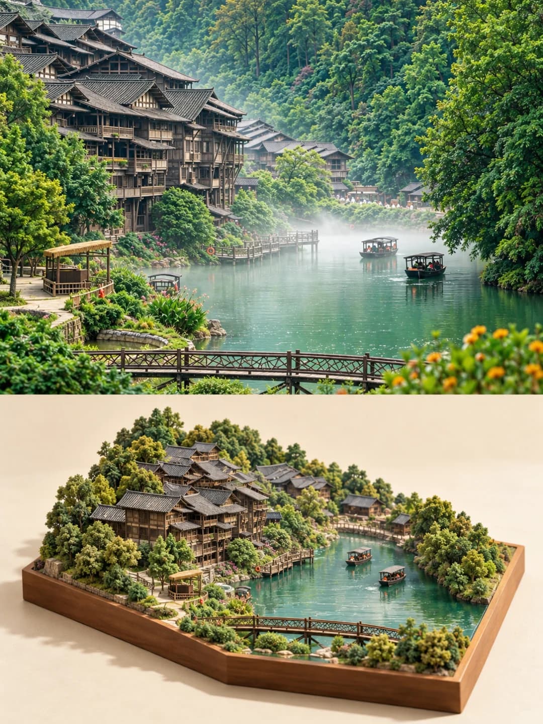 The timber stilt houses on the hillside, the boardwalk, the two tourist boats and the lattice footbridge keep their places around a pool of green resin water.