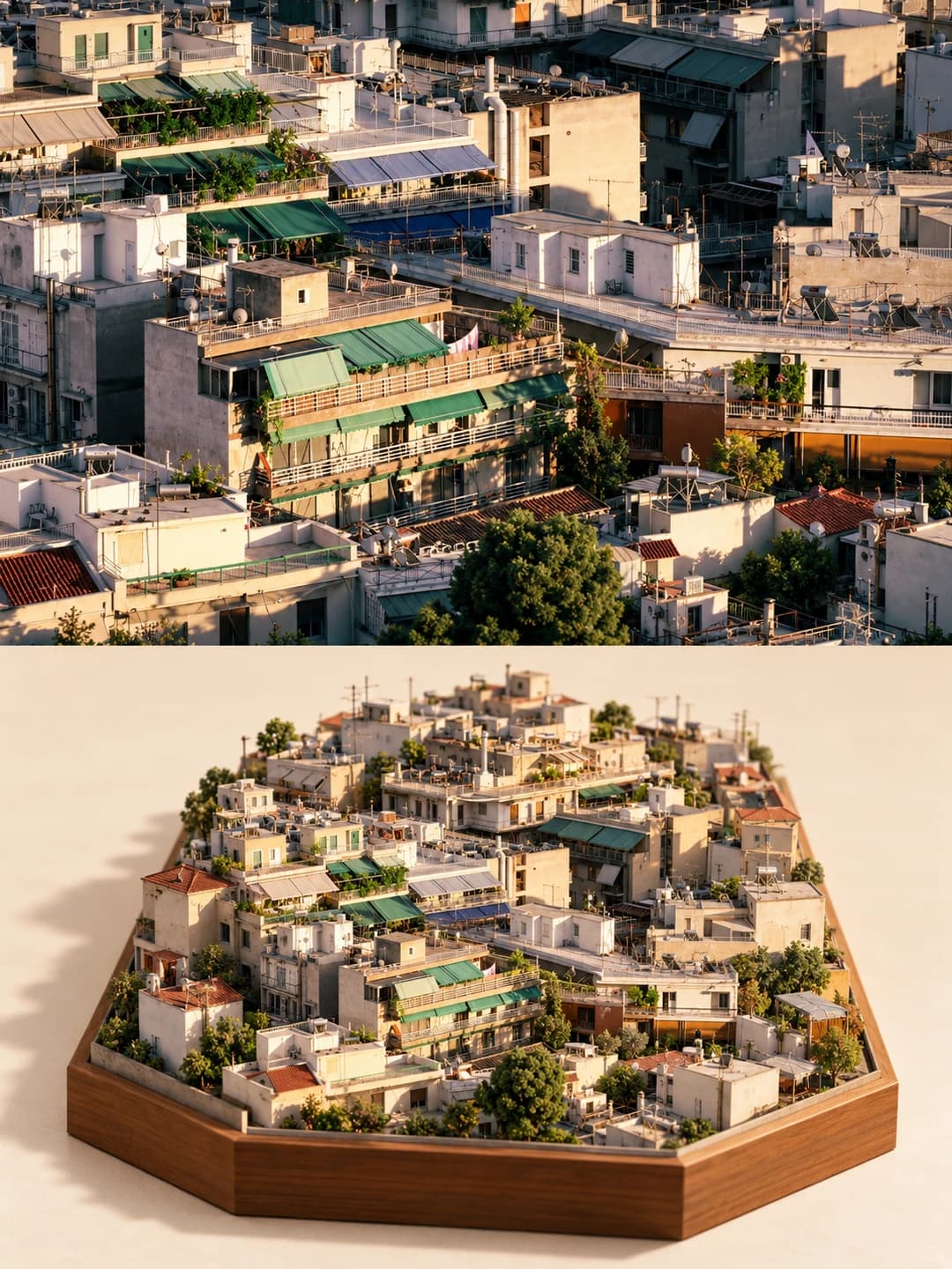 The block of flat roofs keeps its green awnings, water tanks, aerials and terracotta tiles, packed into an angled tray in low evening light.