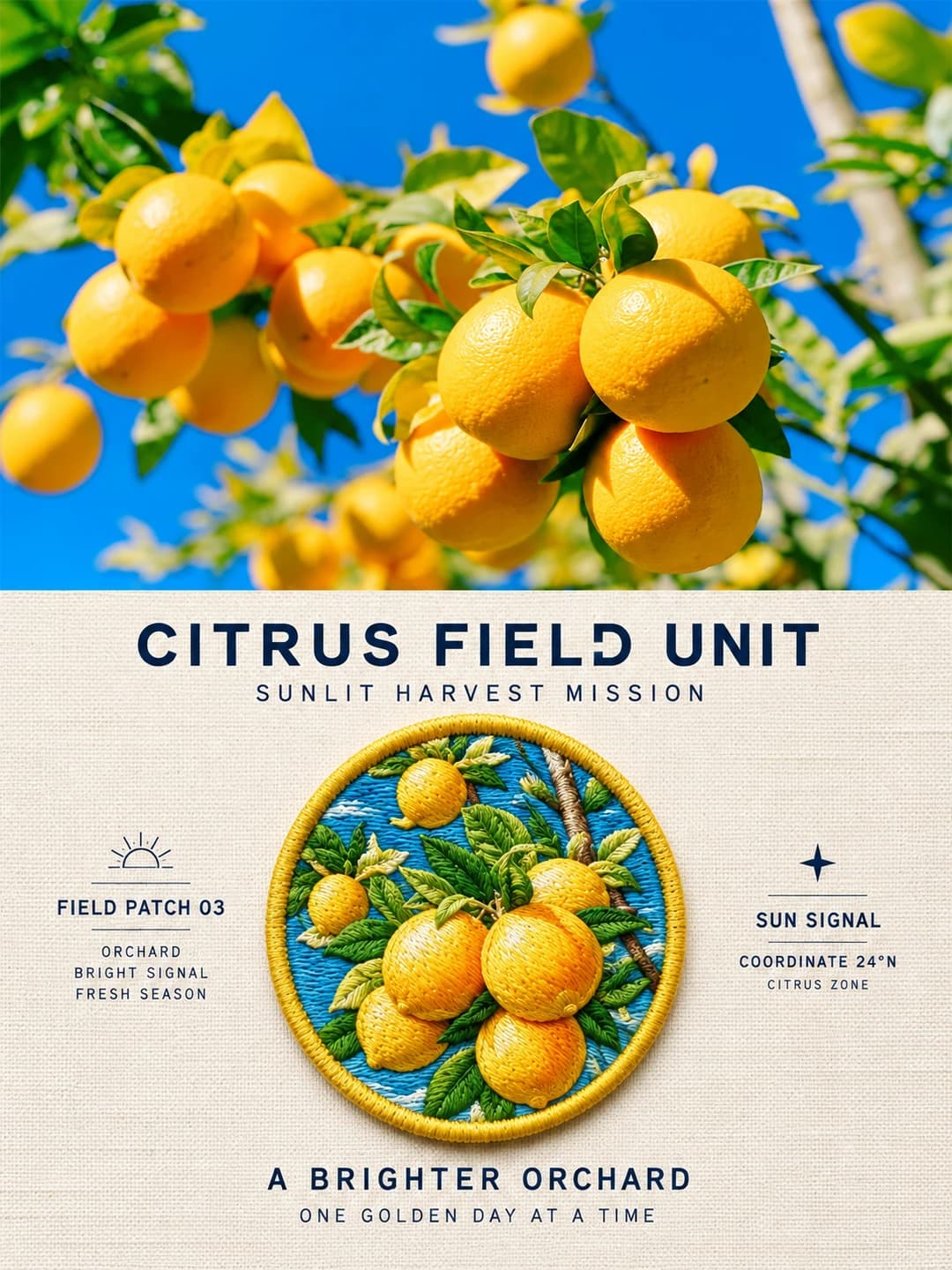 The sunlit branch of oranges stays photographic; the round badge stitches every fruit in raised satin with the blue sky behind and a gold merrowed edge.