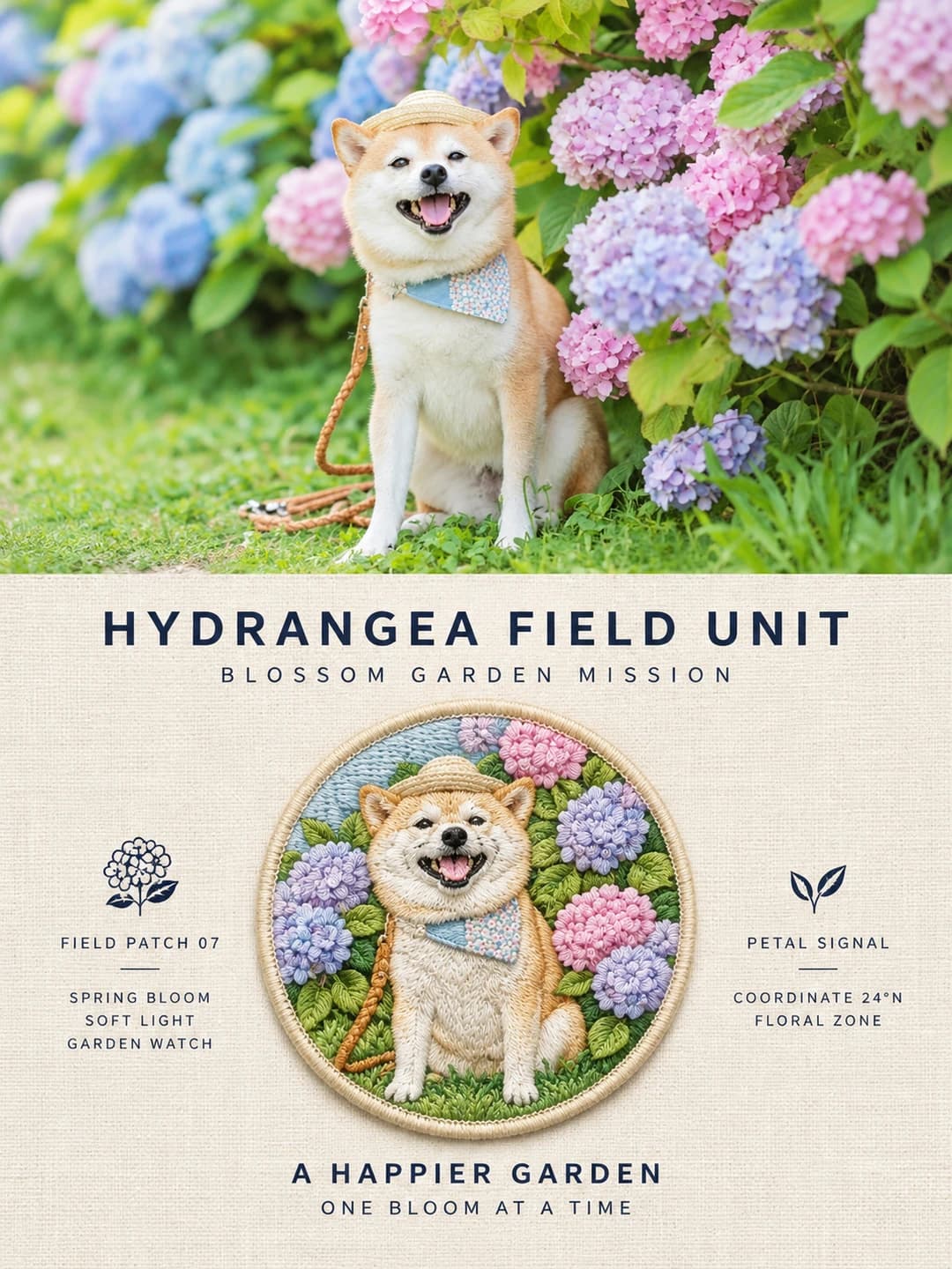The grinning shiba in a sunhat among hydrangeas stays as shot; the round badge keeps the hat, the bandana and the blue and pink flower heads around it.