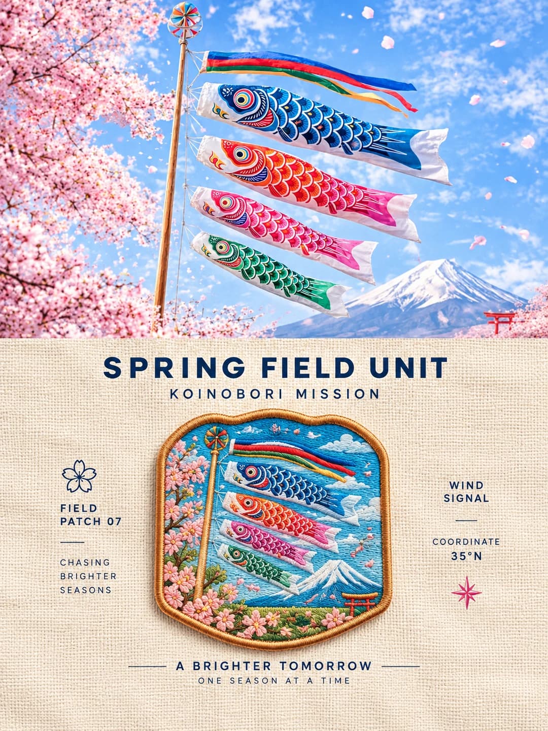 The carp streamers, cherry blossom and Mount Fuji stay as photographed; below, all four carp, the snowy peak and the torii gate are stitched into one arch-topped patch with cherry blossom down its side.