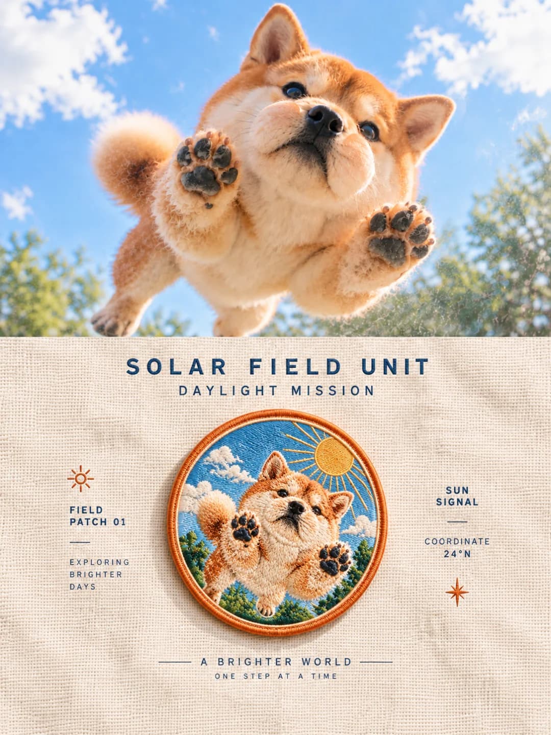 The shiba leaping at the camera against a blue sky stays in the photo; the round badge keeps the spread paws and adds a stitched sun.