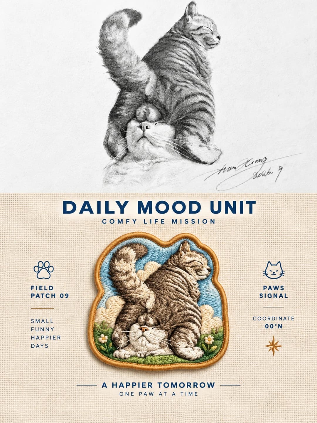 A pencil drawing of two cats goes in instead of a photo; the badge keeps their pose but stitches it in colour — brown tabby fur, blue sky, grass and daisies — inside a soft custom outline.