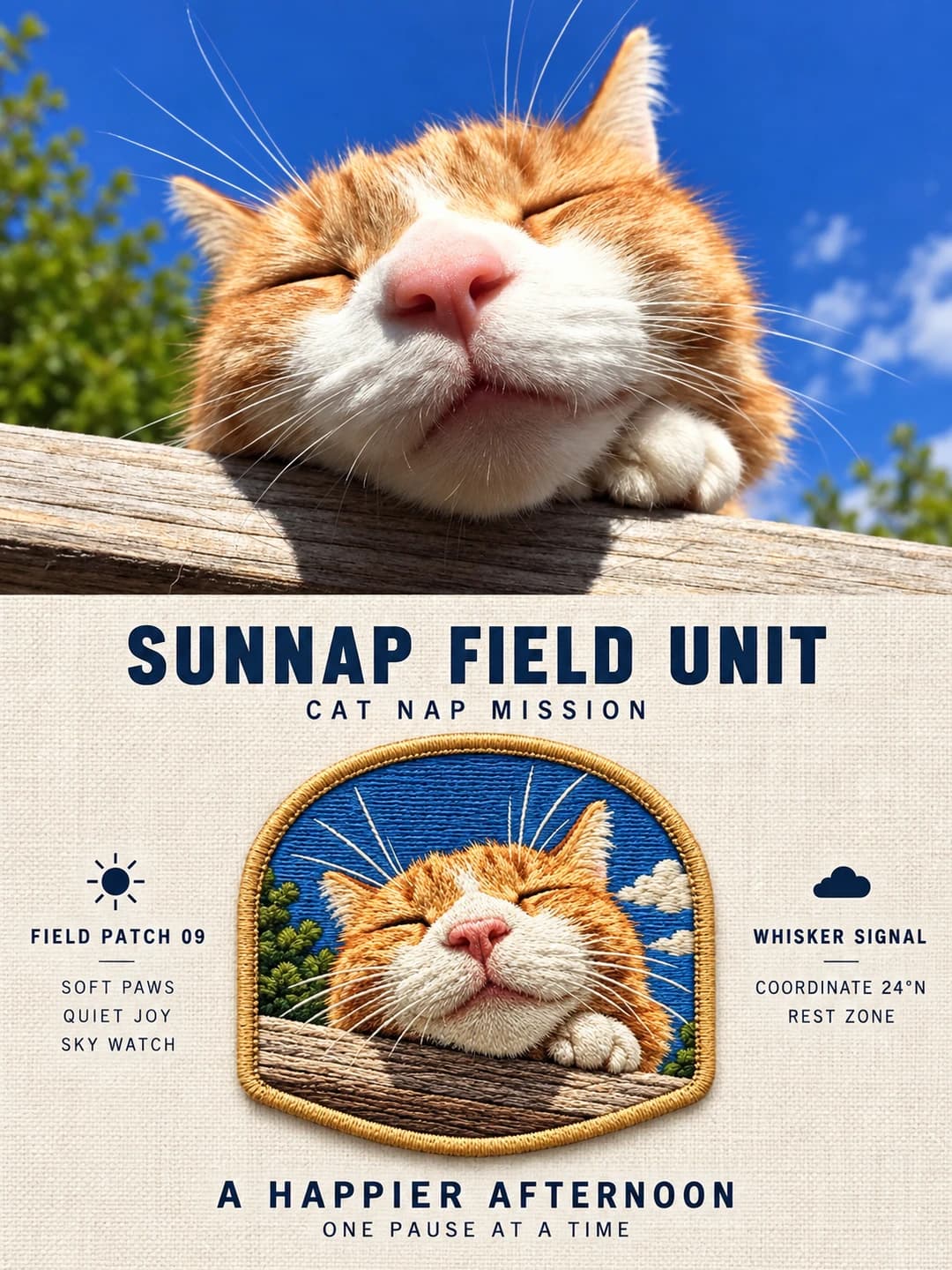 The ginger cat dozing on a fence rail stays in the photo; the badge keeps the closed eyes, the pink nose and the wooden rail under an arch of blue sky.