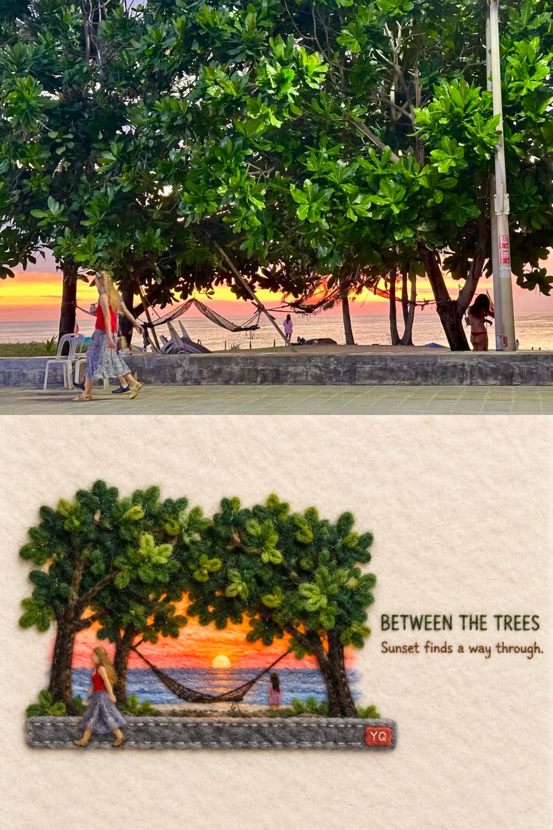 Sunset through beach trees — the sun is a single ball of wool behind a stitched hammock