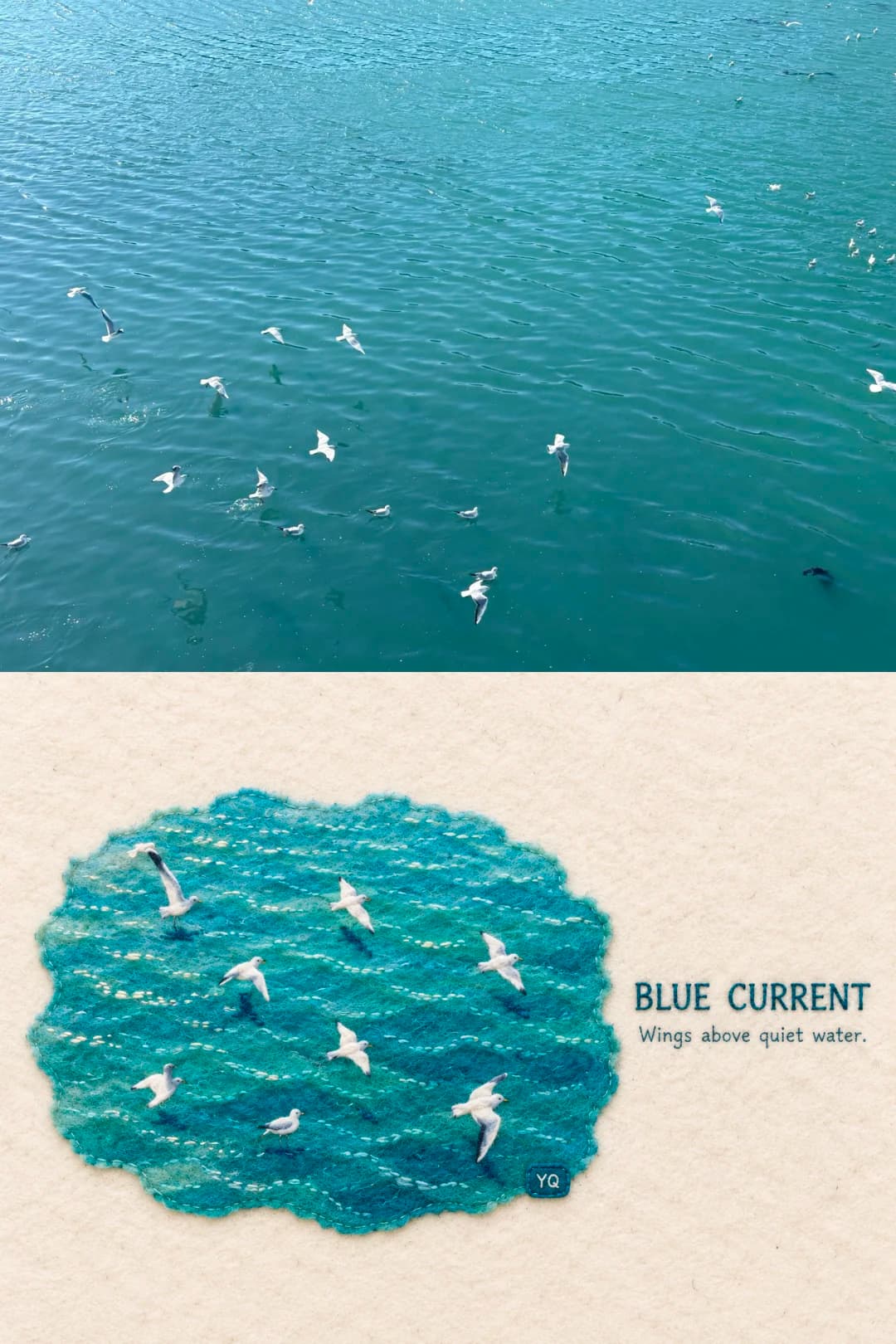 Gulls over open water — the whole sea reduced to one ragged disc of teal wool