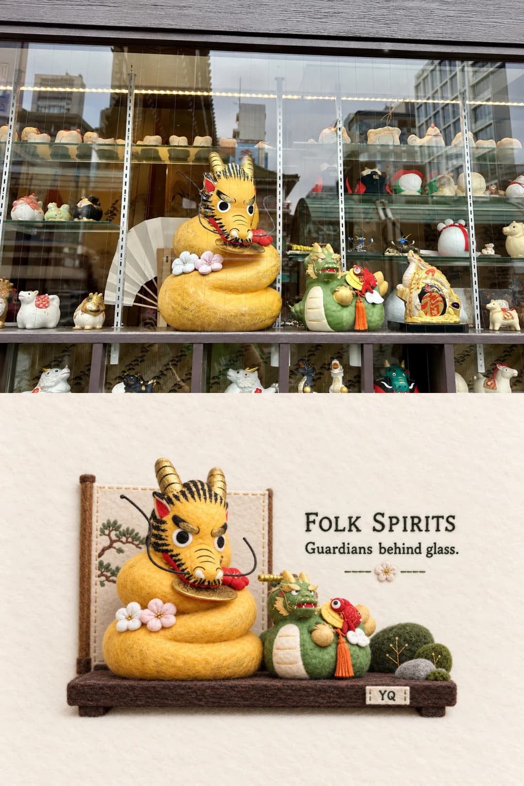 A folk-craft shop window — the glass shelving becomes a small felted stand