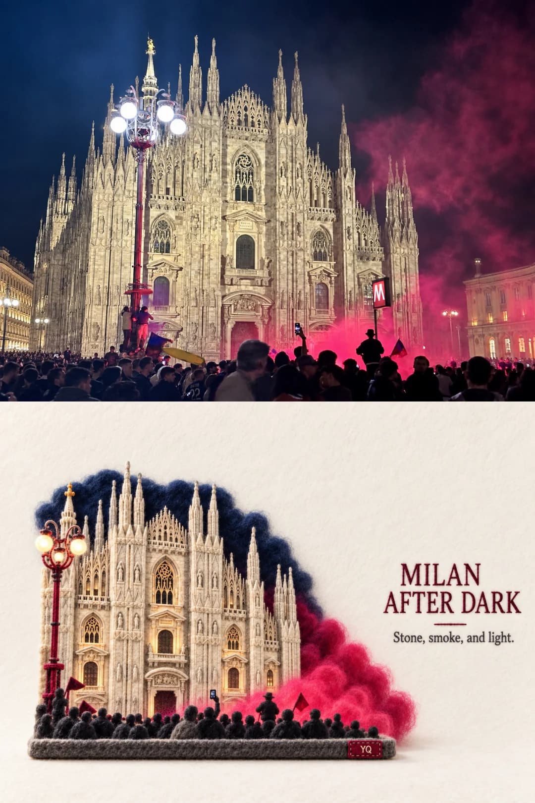 Milan cathedral at night — the crowd becomes a row of grey felt dots, the flare smoke a carded pink cloud