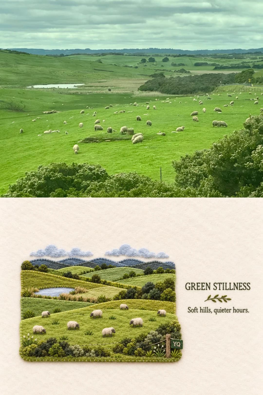 A sheep pasture under cloud — stitched seams stand in for the hedge lines between fields