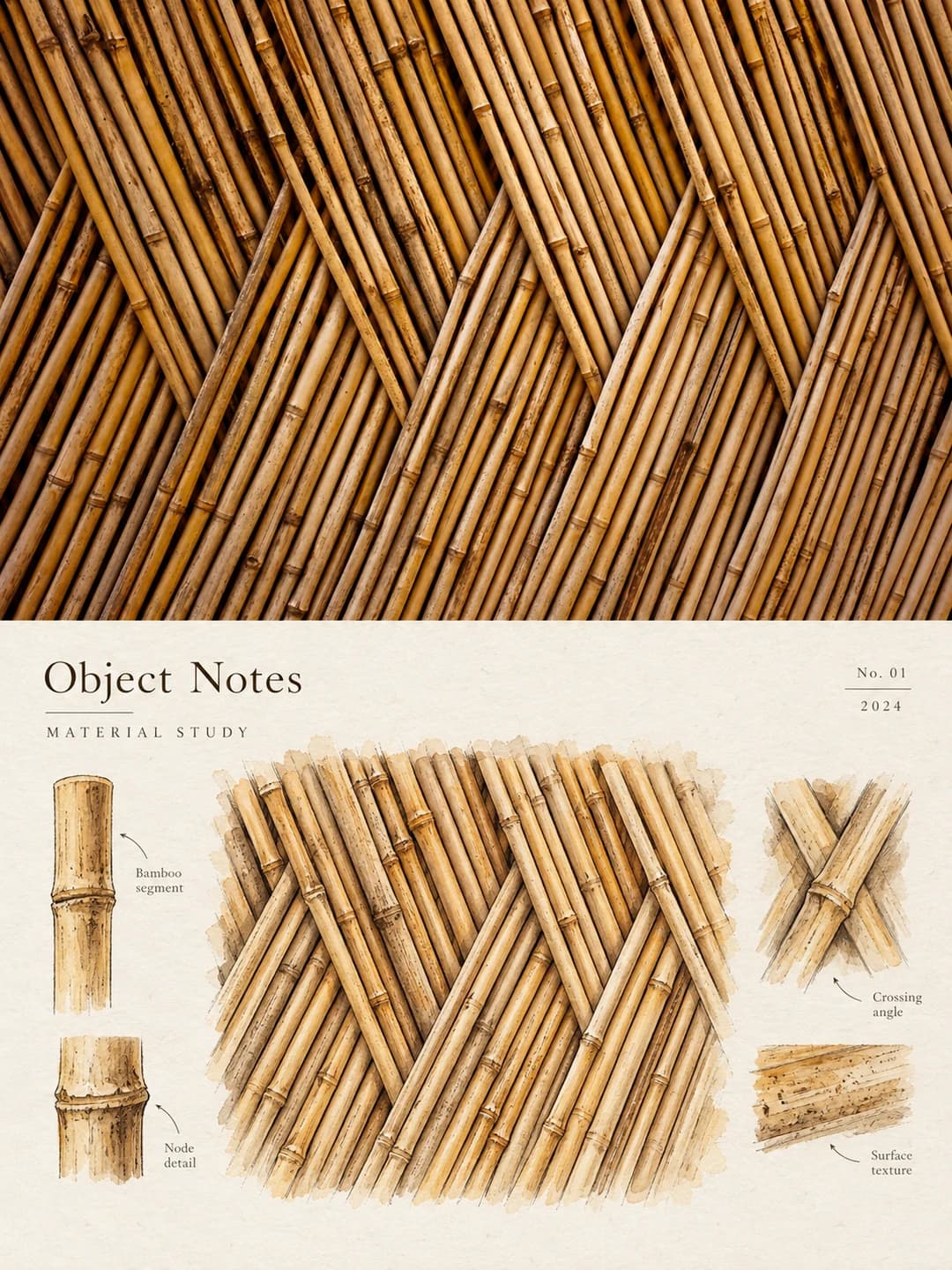 A close-up of woven bamboo poles becomes a warm amber watercolour of the same diagonal weave, with small studies of a single segment, a node, the crossing angle and the surface grain.