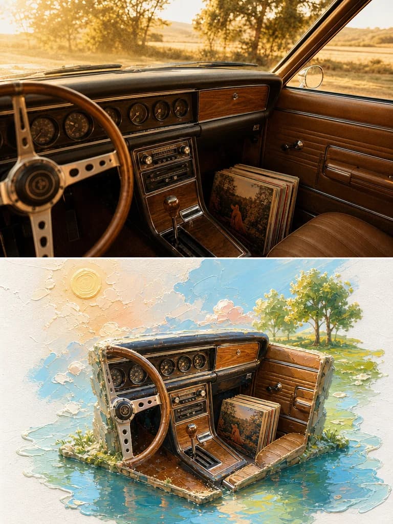 A car dashboard at sunset — the interior is rebuilt as a cutaway model on water