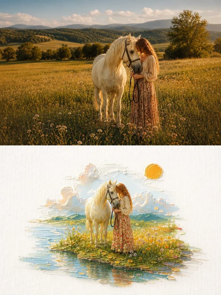 A horse and a rider in a hill meadow — the hills reduce to two knife-laid ridges of green