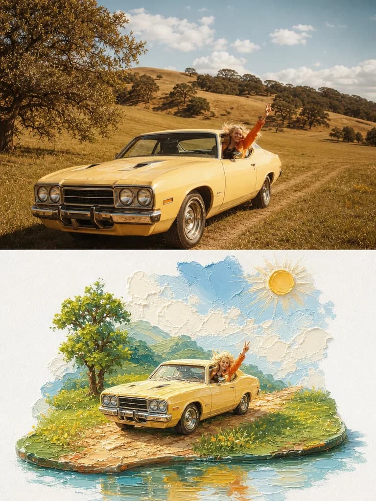 A yellow car in a dry meadow — the field becomes a small island on a pool of blue paint