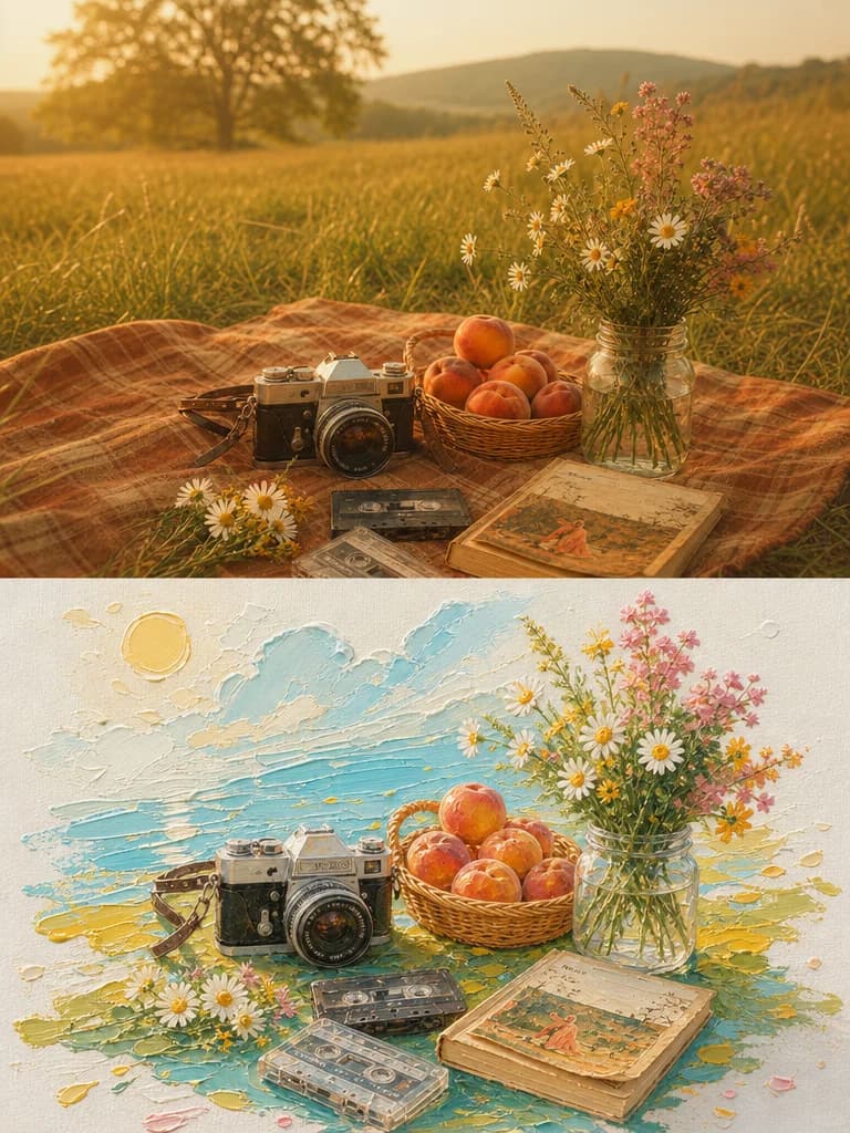 A picnic still life at golden hour — camera, peaches and cassettes sit on a slab of impasto sky