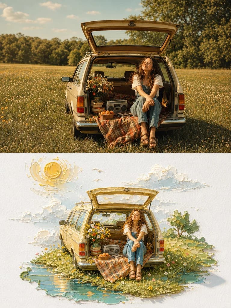 A station wagon tailgate — the whole scene condenses onto a single painted disc
