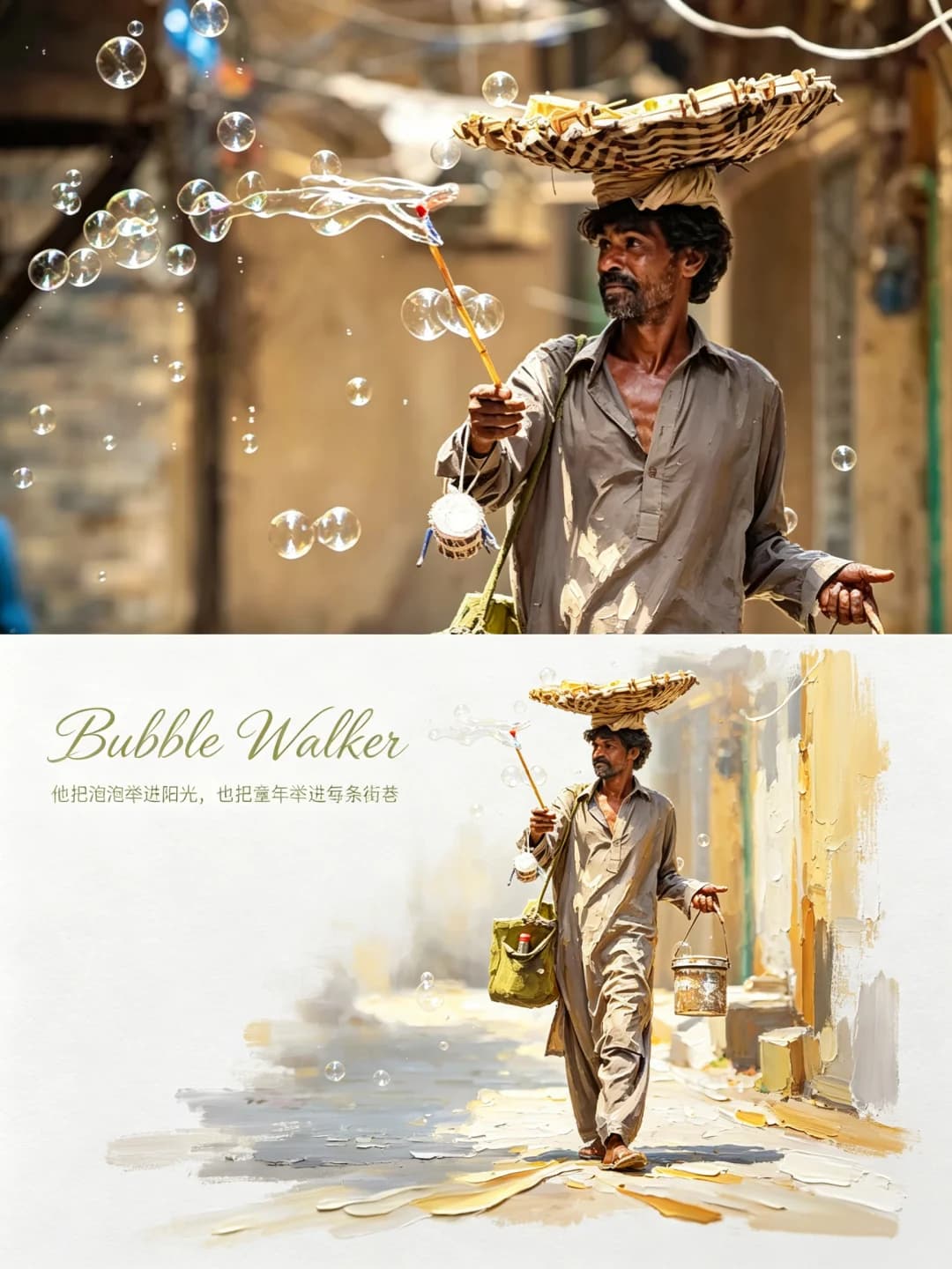 The bubble seller, his basket hat and the drifting bubbles are kept, walking down a sun-yellow alley painted in a few broad scrapes.