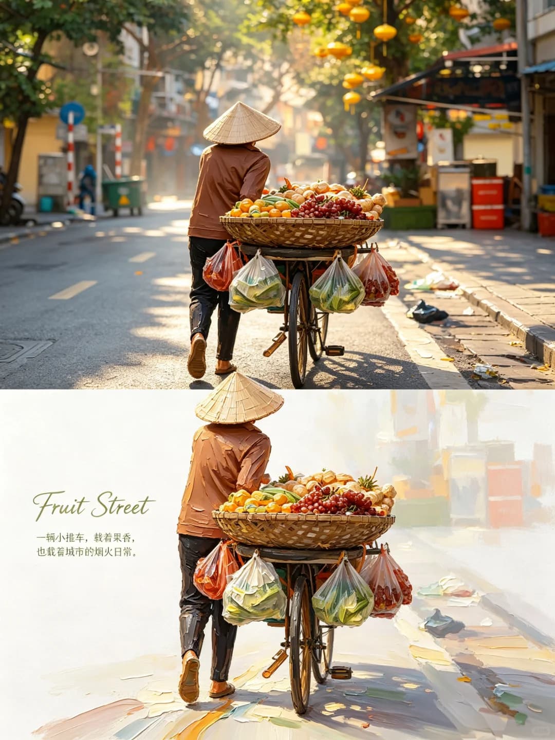The conical hat, the heaped fruit basket and the bags hanging off the bicycle all come through in knife-scraped paint on a pale street.