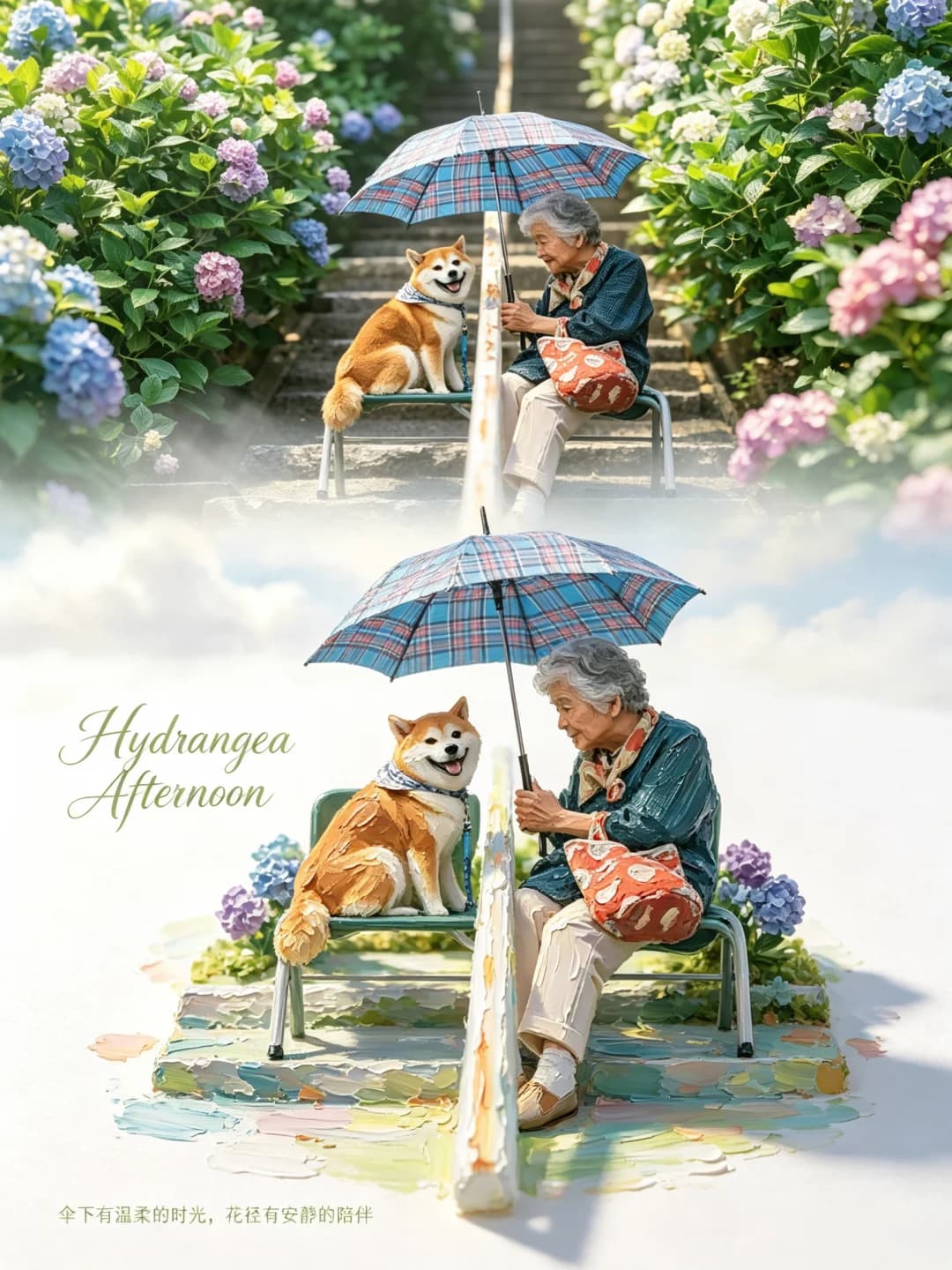 The plaid umbrella, the grinning shiba and the grandmother on the bench survive, set on a small painted stair among hydrangeas.