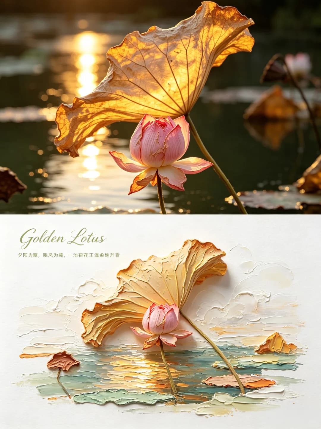 The backlit lotus leaf and the pink bud keep their shapes, raised in thick amber paint above a pond of teal strokes.
