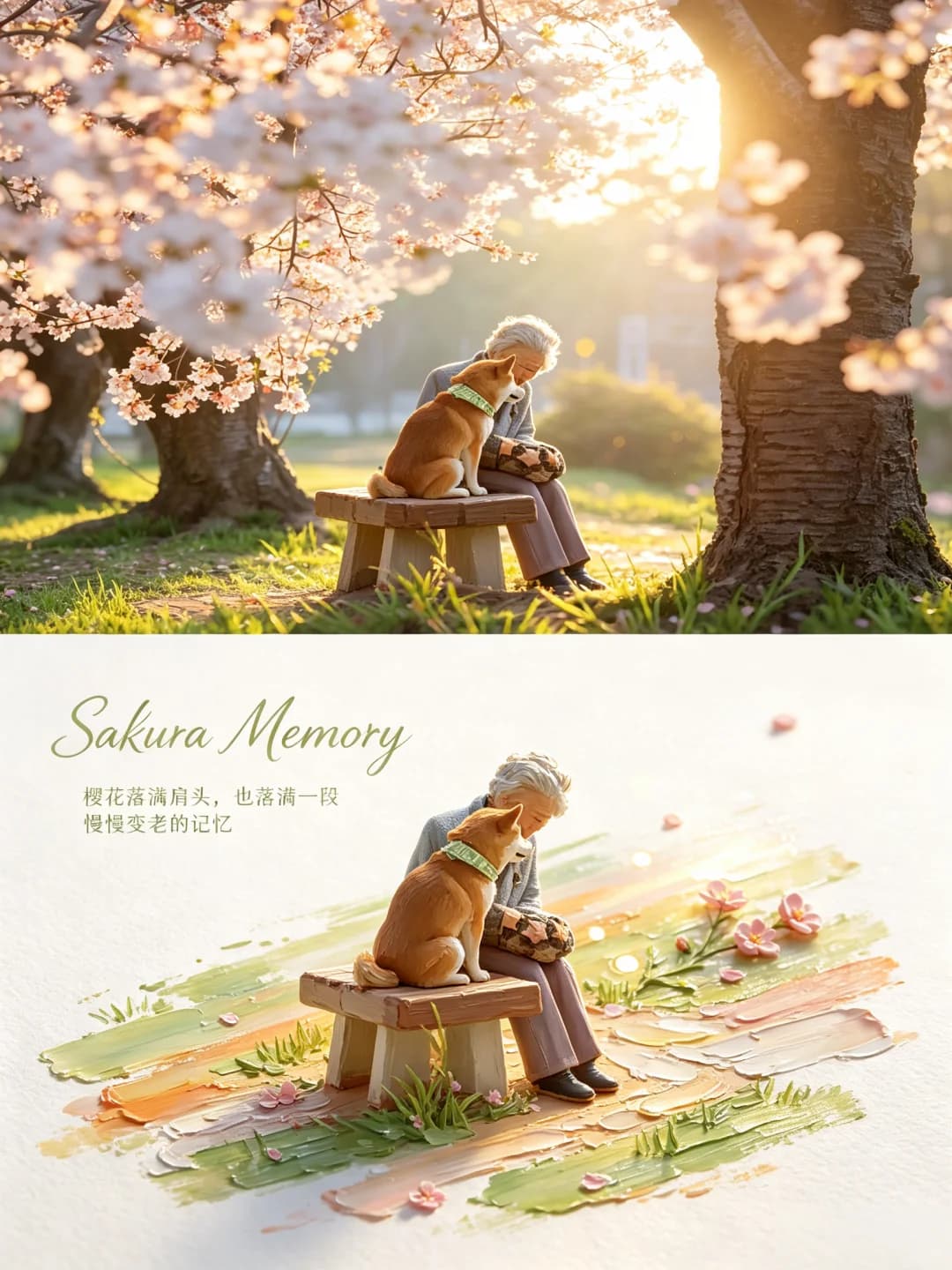 The grandmother, the shiba and the wooden bench are sculpted in paint on a green and peach band scattered with petals.