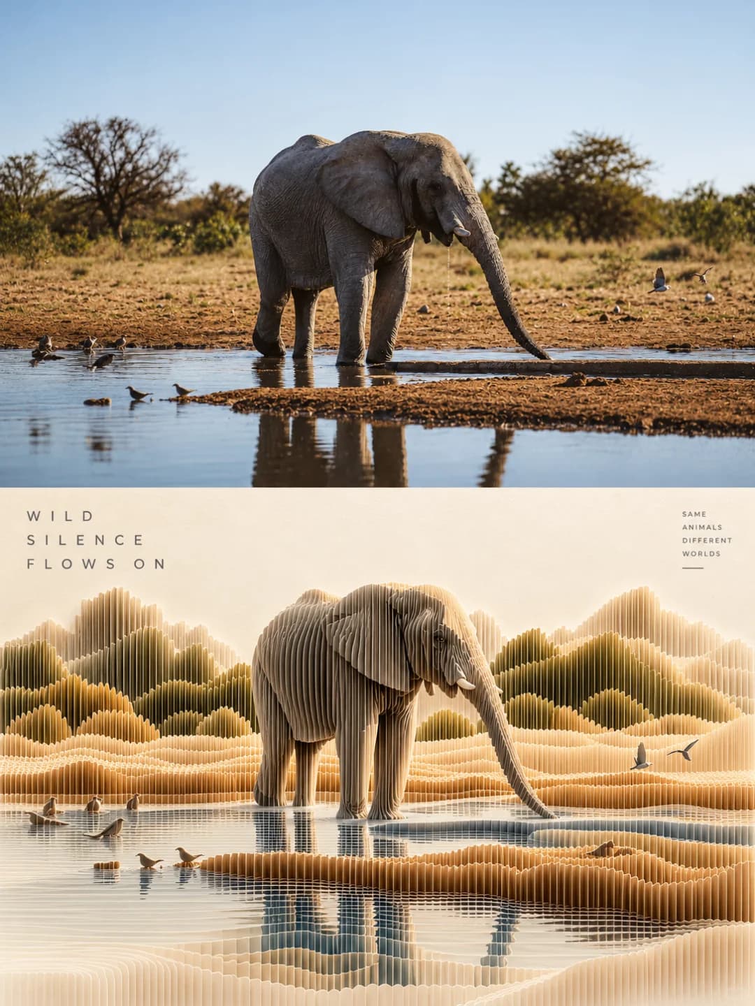 The elephant keeps its pose with its trunk in the water, built from vertical grey-beige slices; the waterhole, its reflection, the birds at the edge and the green bushes behind are all rebuilt in paper.