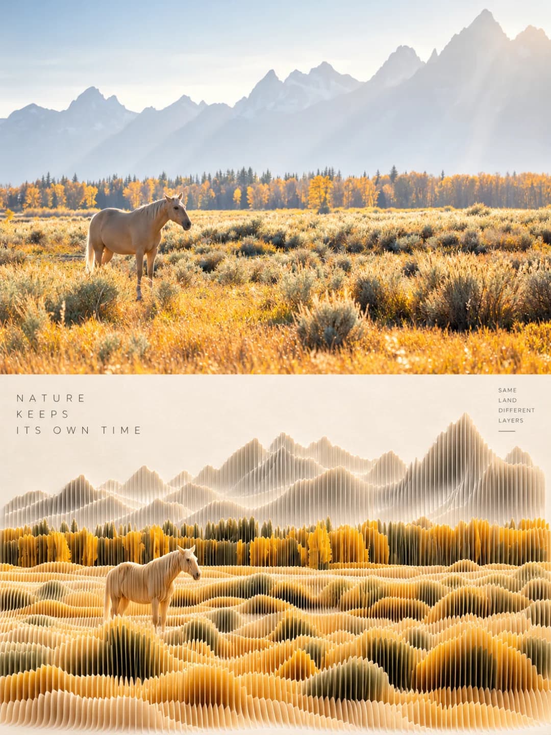 The pale horse in the sagebrush stays in the same spot, while the jagged peaks become misty grey paper ridges and the autumn trees a line of golden slices.