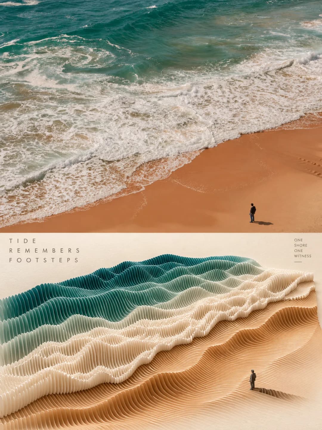 The breaking waves become rows of teal and cream paper slices, the orange sand becomes a smooth ochre terrain, and the lone man on the beach stays where he stood as a small paper figure with his shadow.