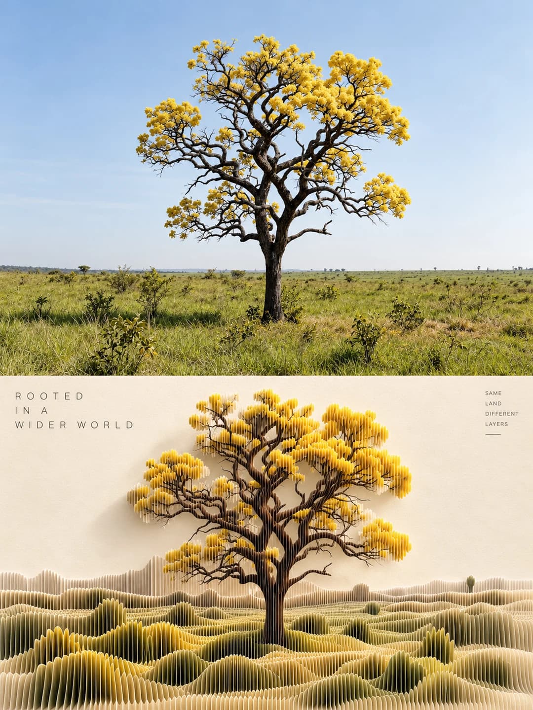 The lone tree keeps its branching shape in brown paper slices with clumps of yellow blossom, standing over a rolling green-and-cream paper grassland.