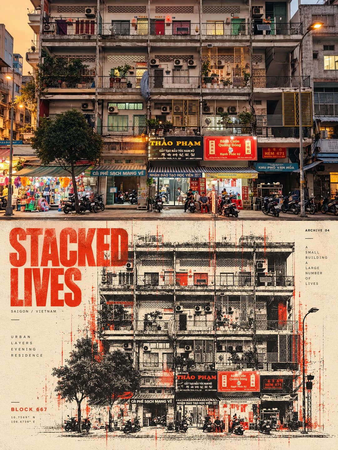 Every balcony, sign and parked scooter of the old block comes through in black ink, with red streaks dripping through it and STACKED LIVES beside.
