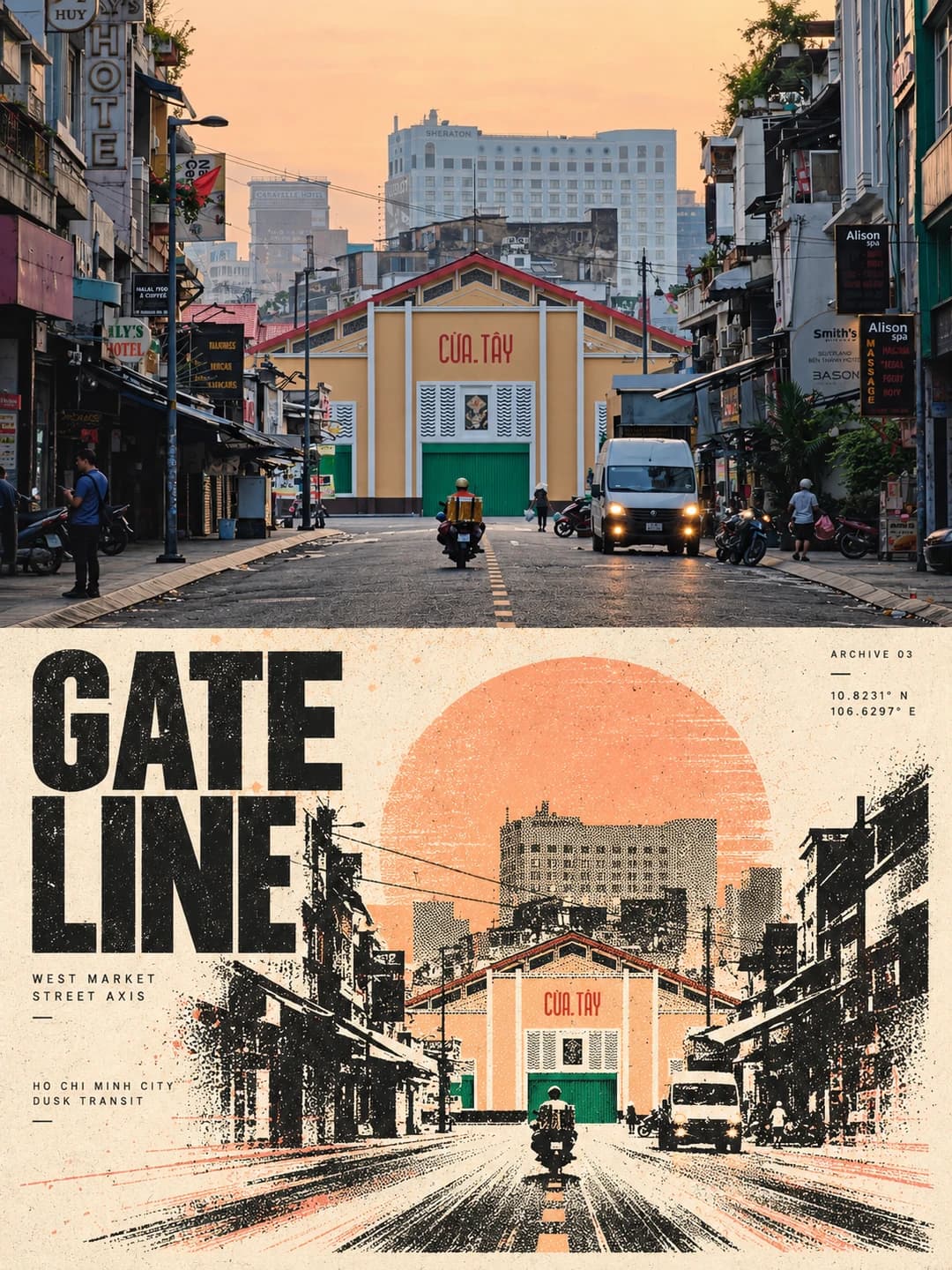 The yellow market hall, the lone motorbike and the shophouse rows survive, pulled into perspective lines under a peach sun with the headline GATE LINE.