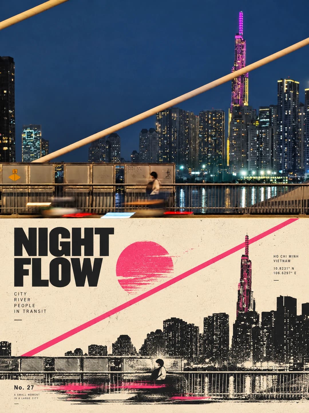 The pink-lit tower, the bridge cable and the rider on the railing are kept, reduced to black halftone with one magenta streak across the page.