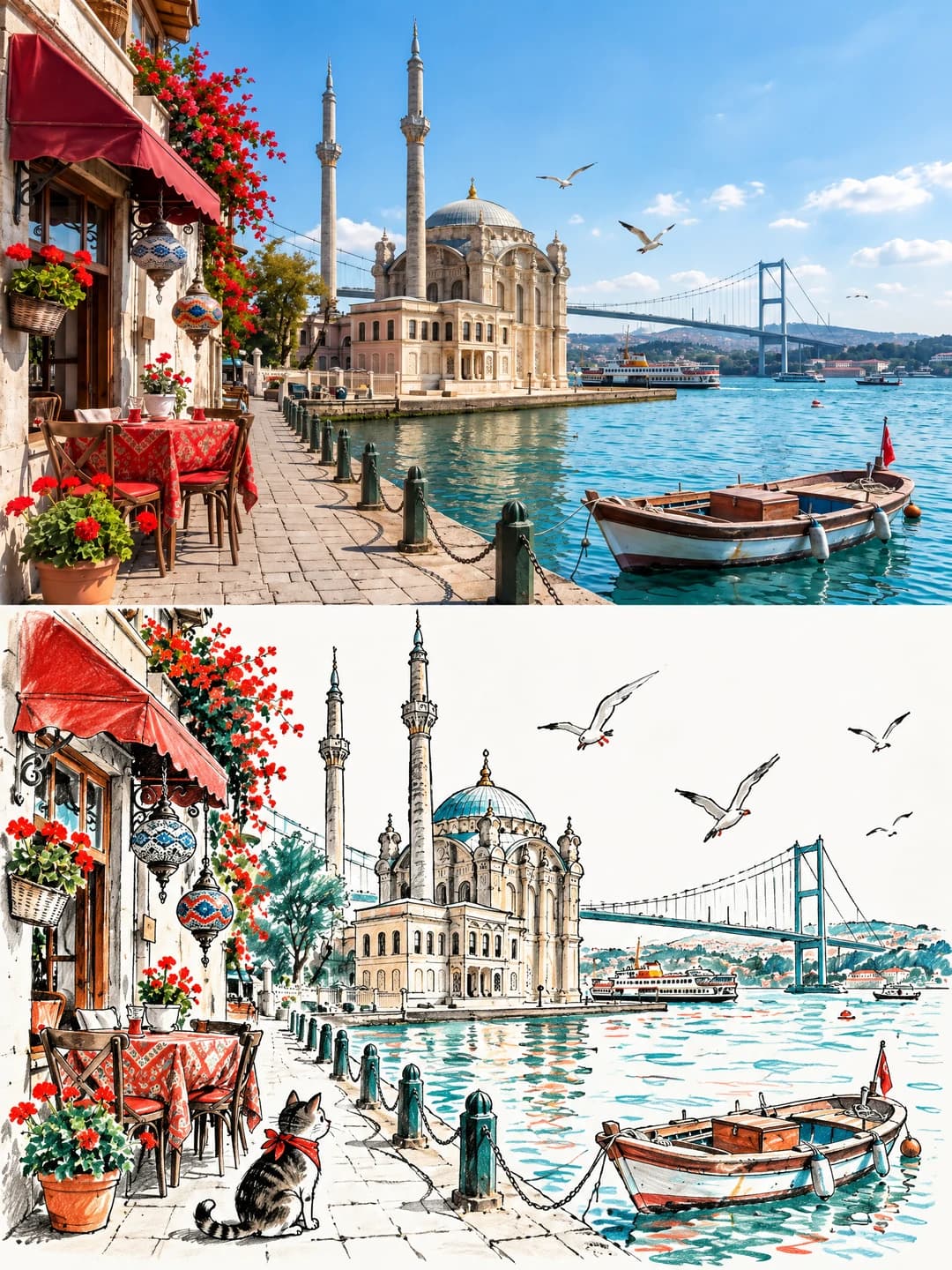 The Ortaköy Mosque, Bosphorus Bridge, red-awninged café and moored rowing boat all survive in ink and pencil, the water reduced to teal and red dashes, with a tabby cat in a red neckerchief added by the tables.