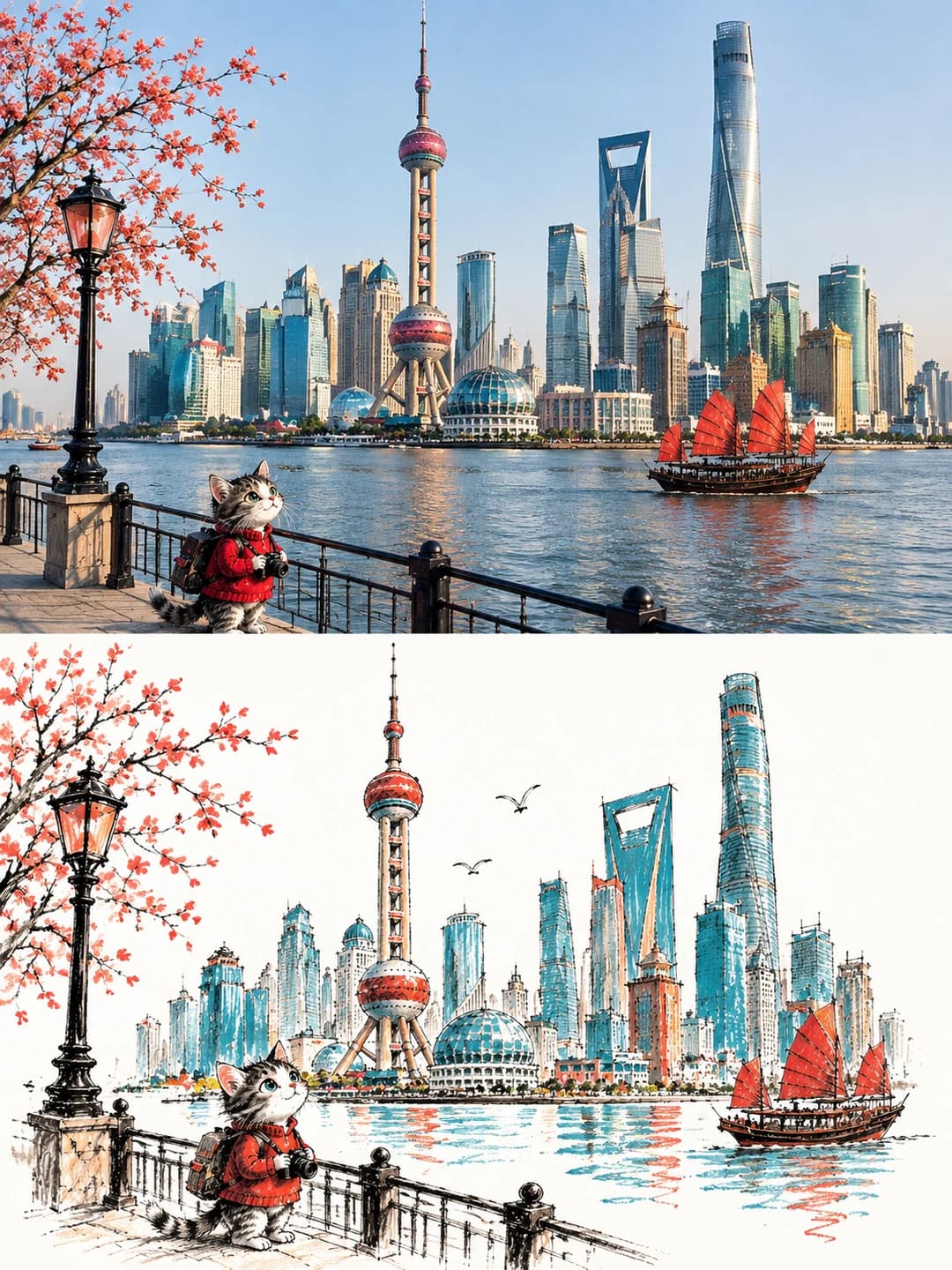 Shanghai's Pudong skyline keeps the Oriental Pearl Tower, the bottle-opener tower and the red-sailed junk, now in turquoise pencil over a white sky, with the photo's cat in a red jumper still at the railing.