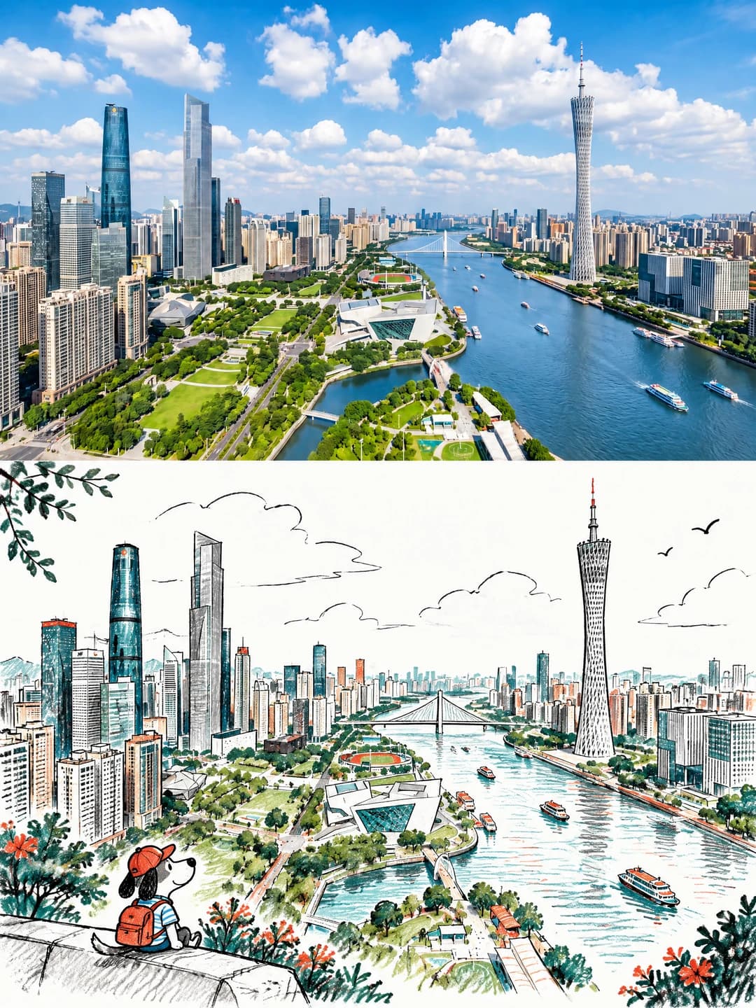 The aerial view of Guangzhou keeps the Canton Tower, the bridge and the river bend; the clouds are only outlines and a beagle in a red cap and backpack has been added on the ledge in the corner.