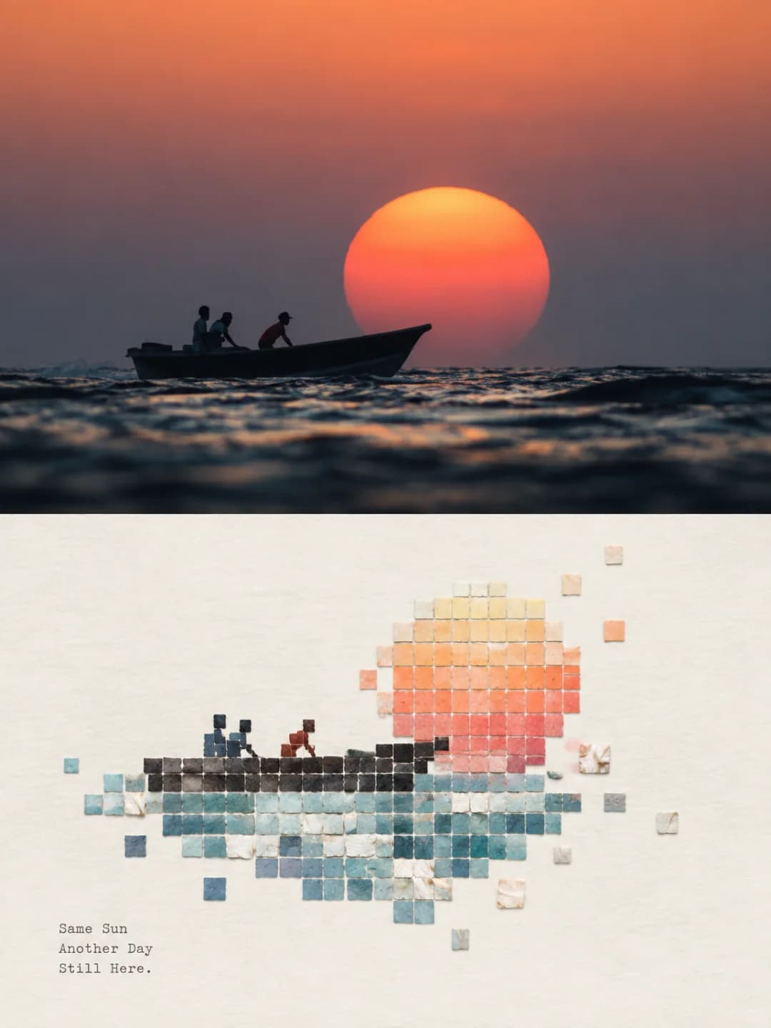 A fishing boat at sunset — the sun becomes a clean stepped disc of coral and yellow