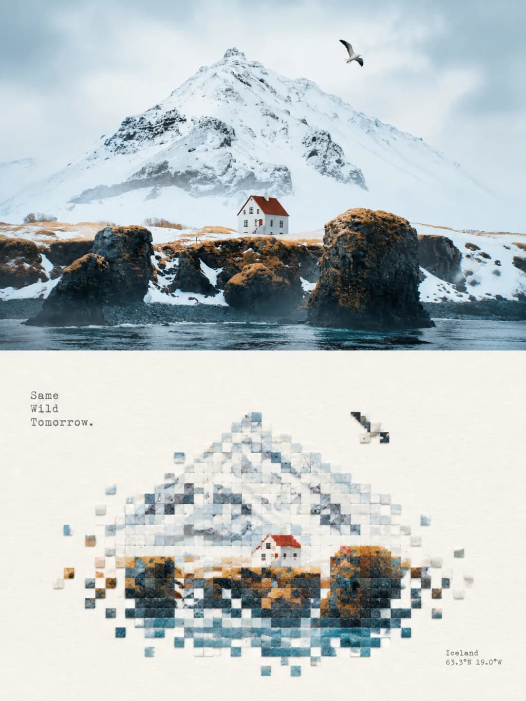 A snowy Icelandic peak — the mountain holds together at about forty tiles across